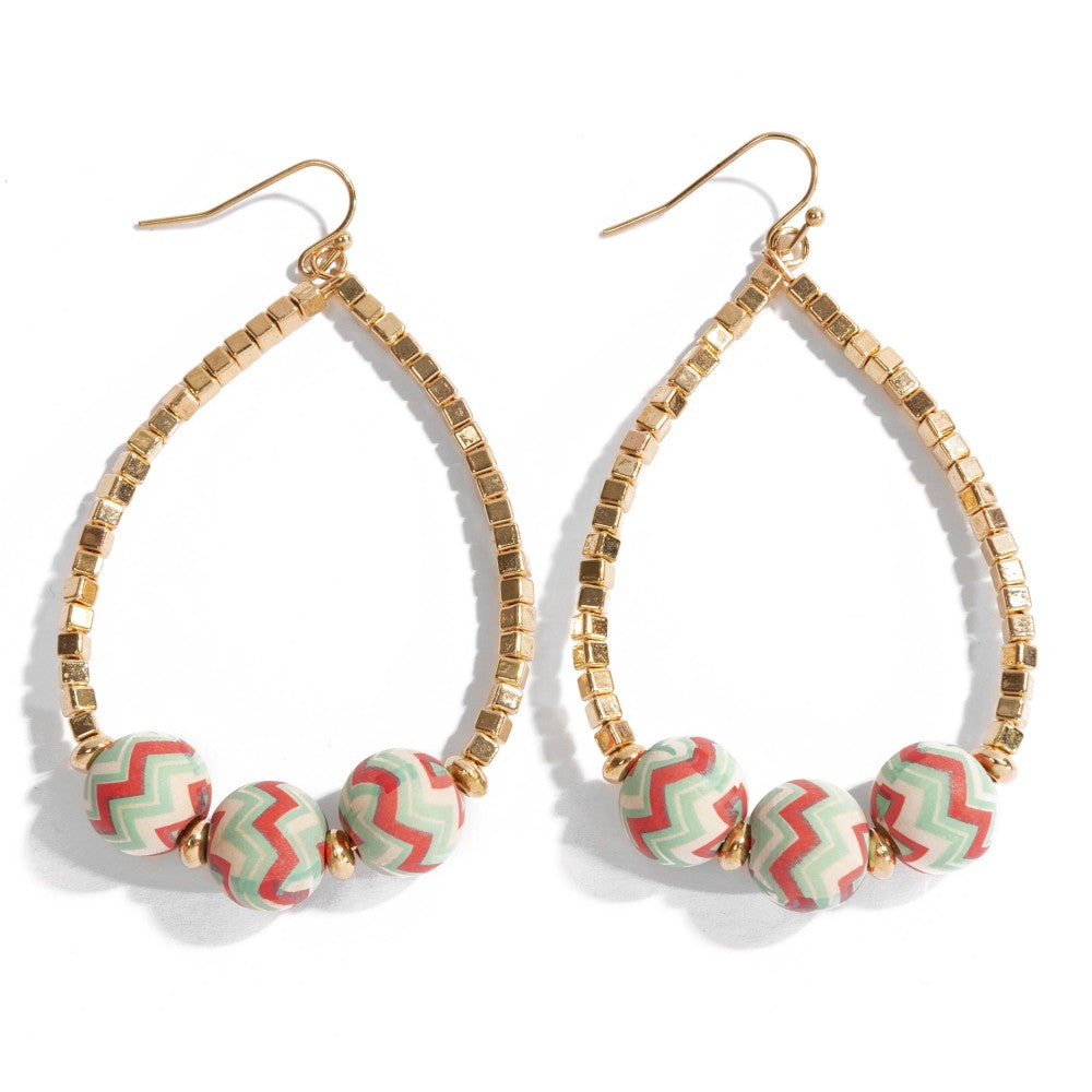 Long Gold Tone Beaded Drop Earrings Featuring Aztec Bead Accents