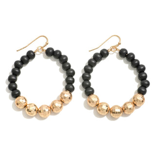 Circular Wood Beaded Drop Earrings Featuring Gold Disco Beads