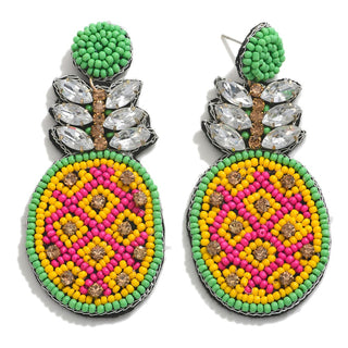 Statement Seed Bead and Rhinestone Pineapple Drop Earrings