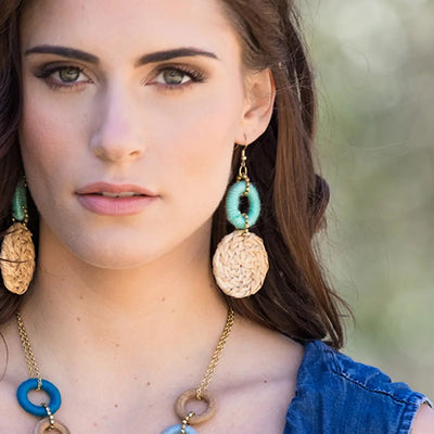 Sachi Bold Whimsy Collection Earrings - Aqua, Rattan Beads