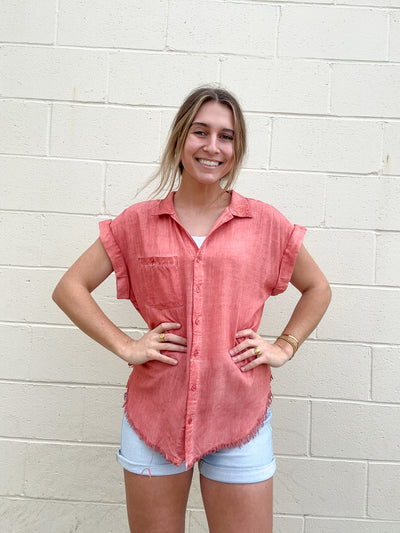 Washed Button Up Short Sleeve Top