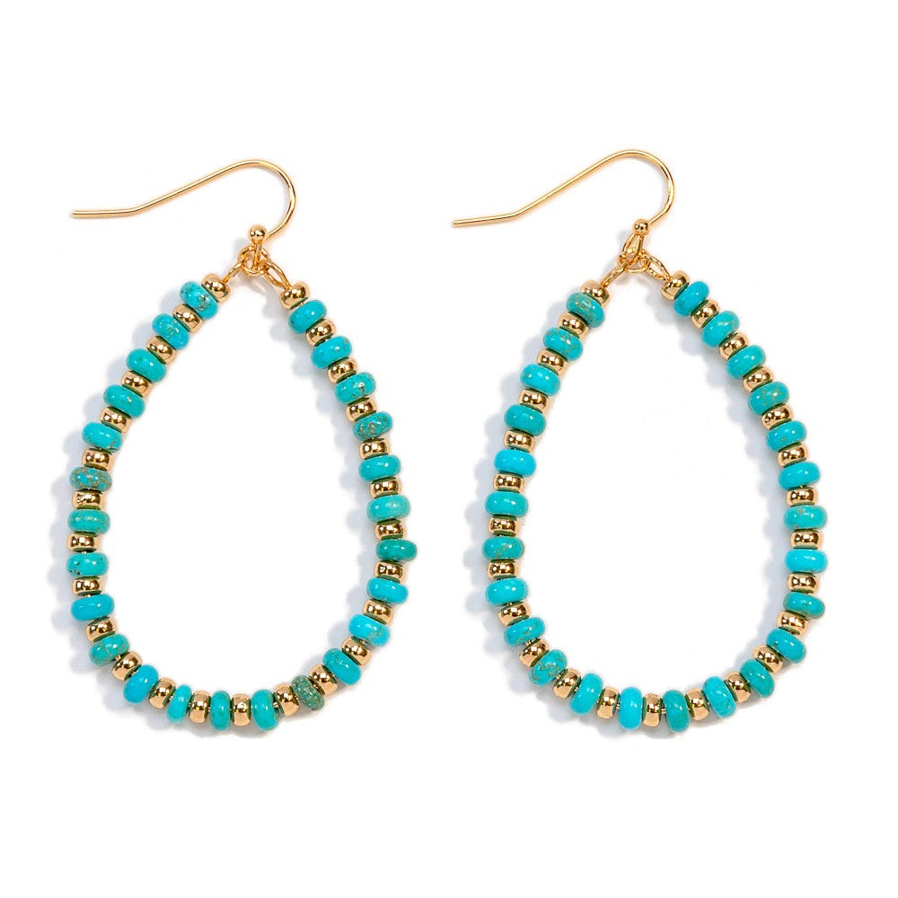 Turquoise Beaded Hoop Drop Earrings With Metal Beaded Accents