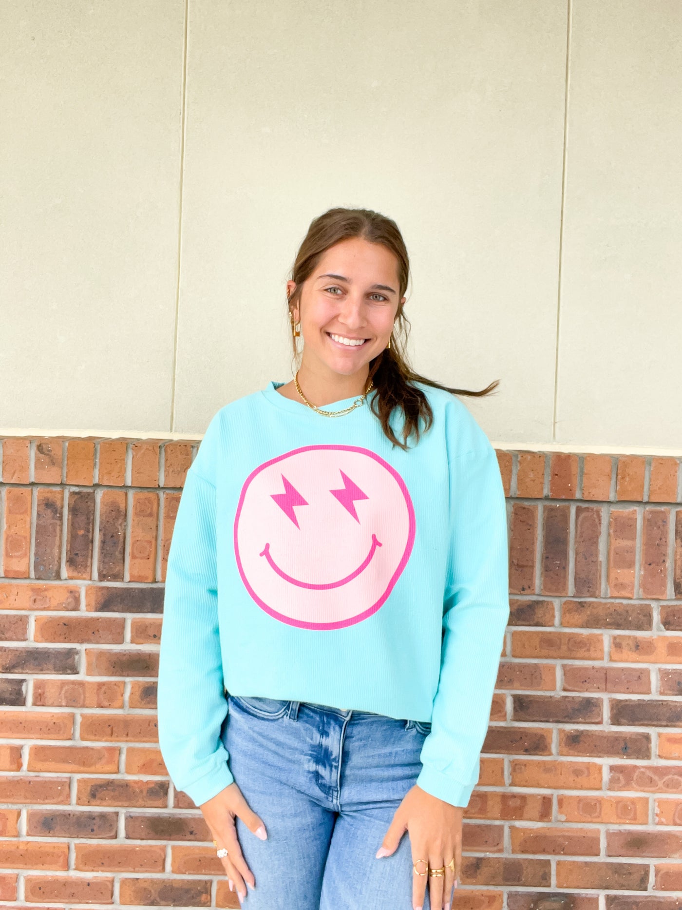 Pink Lightning Happy Face Corded Sweatshirt