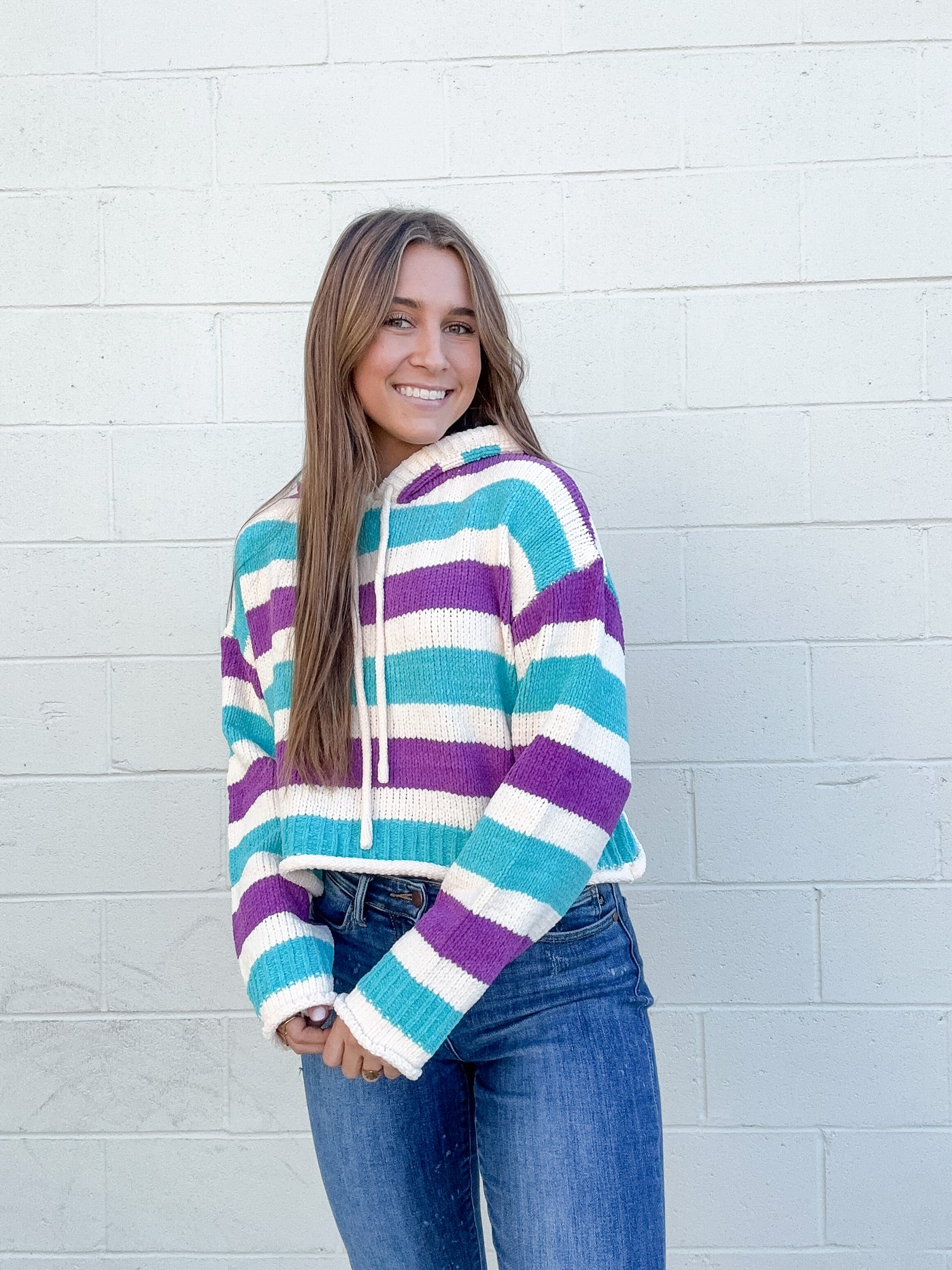 Mid Length Knitted Stripe Hoodie