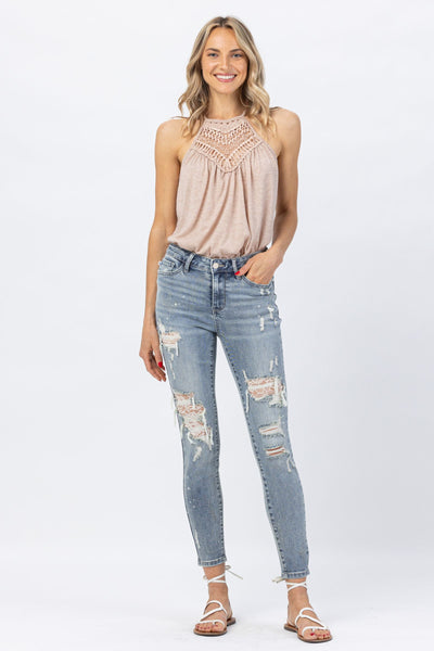 Judy Blue MID-RISE LACE PATCH SKINNY