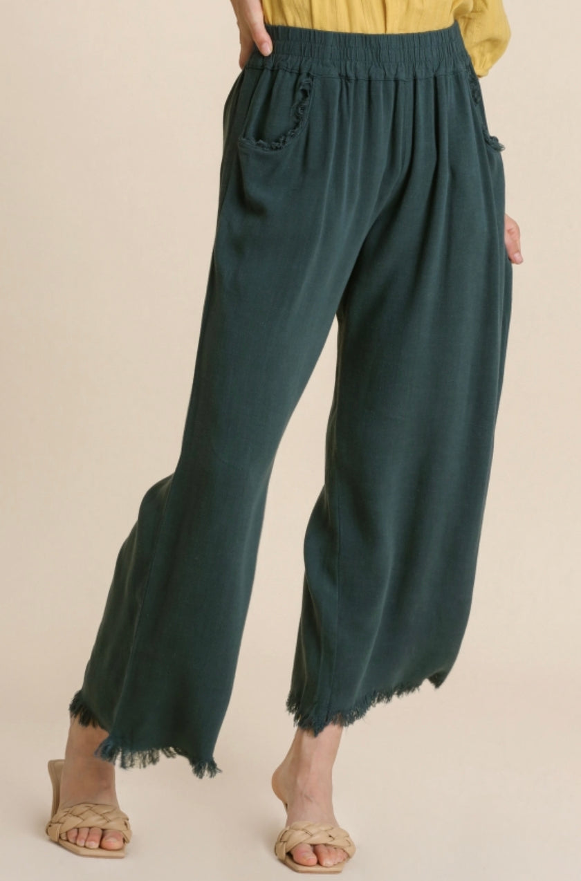 Umgee Wide Leg Pant with Elastic Waist, Pockets, and Frayed Hem