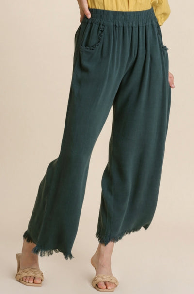 Umgee Wide Leg Pant with Elastic Waist, Pockets, and Frayed Hem