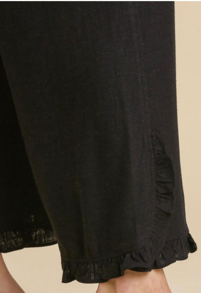 Umgee Linen Blend Elastic Waist Ruffle Hem Pants with Pockets