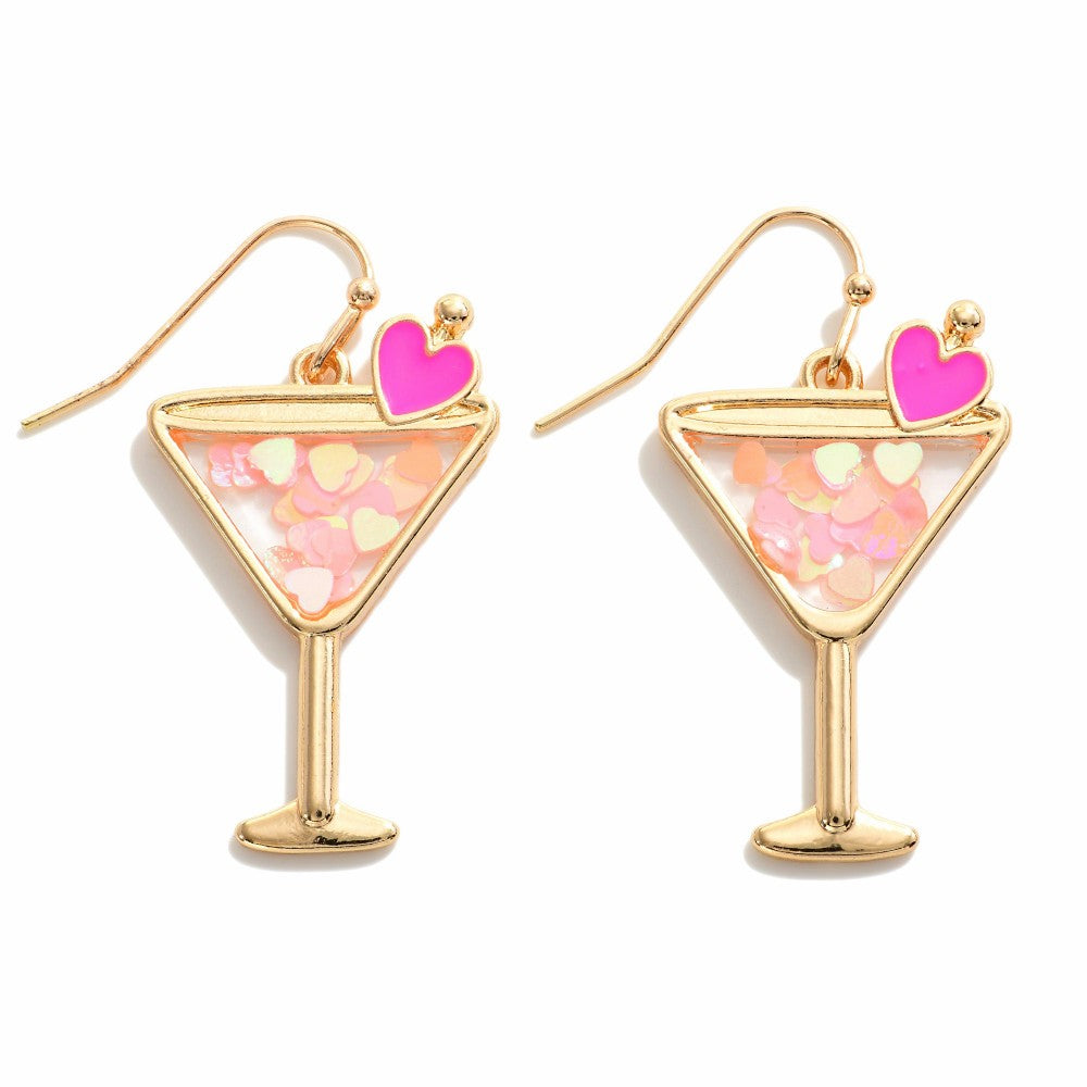 Heart Glitter Martini Glass Drop Earrings