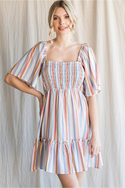 Striped baby doll dress with a smocked bodice with wide half sleeves