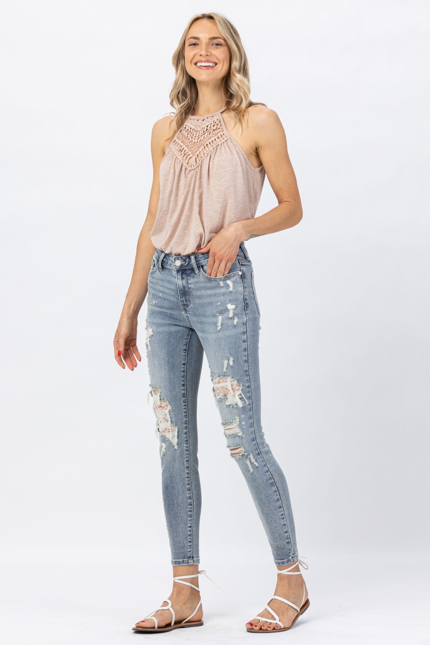 Judy Blue MID-RISE LACE PATCH SKINNY