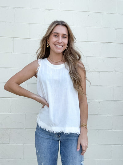 Umgee Linen Blend Back Button Down Detail Sleeveless Top