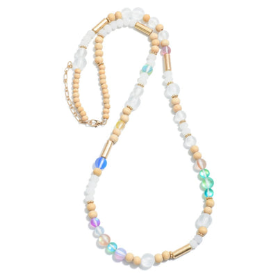 Long Wood and Glass Beaded Necklace Featuring Gold Tone Accents