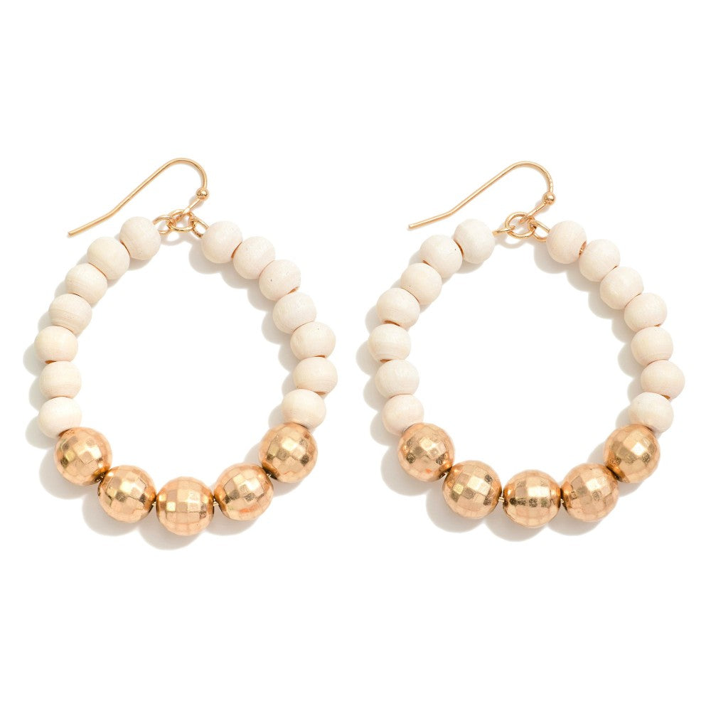 Circular Wood Beaded Drop Earrings Featuring Gold Disco Beads
