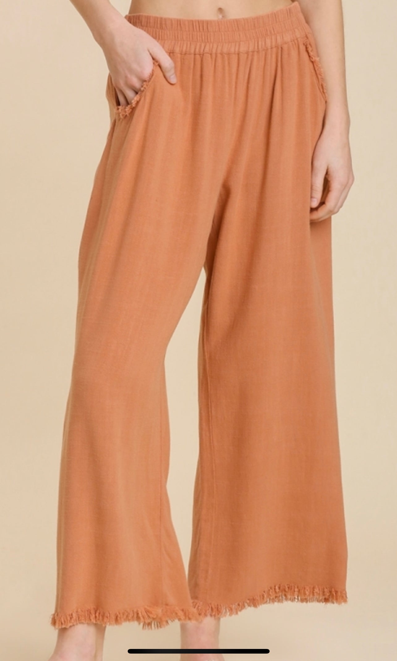 Umgee Wide Leg Pant with Elastic Waist, Pockets, and Frayed Hem