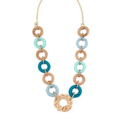 Sachi Bold Whimsy Collection Necklace - Blue Rings, Rattan