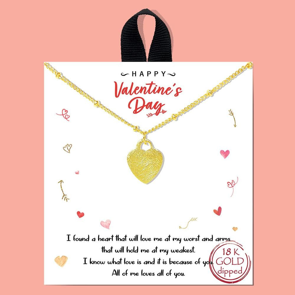 18k Gold Dipped Necklace Featuring Dainty Brushed Gold Textured Heart Charm