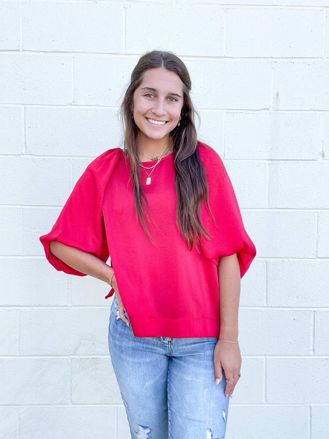 Umgee Red Washed Satin Half Balloon Sleeve Round Neck Top