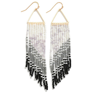 Gold Tone Triangle Drop Earrings Featuring Seed Beaded Tassel Details