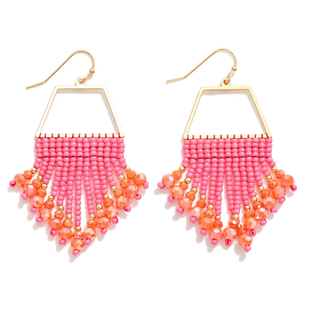 Trapezoid Metal Drop Earrings With Beaded Tassel Accents