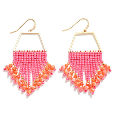 Trapezoid Metal Drop Earrings With Beaded Tassel Accents