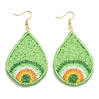 Seed Bead Peacock Feather Design Teardrop Earrings