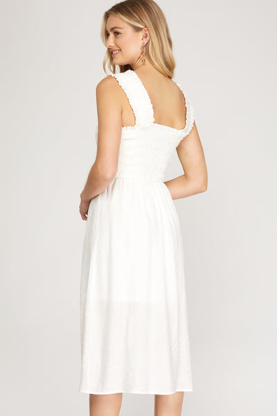 RUCHED SHOULDER STRAP WOVEN SMOCKED MIDI DRESS