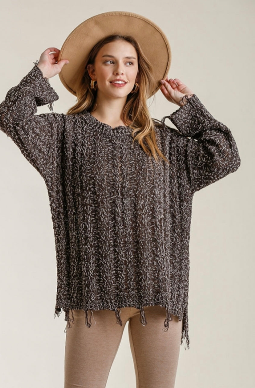 Umgee Long Sleeve Cable Knit Round Neck Pullover Sweater with Frayed Hem