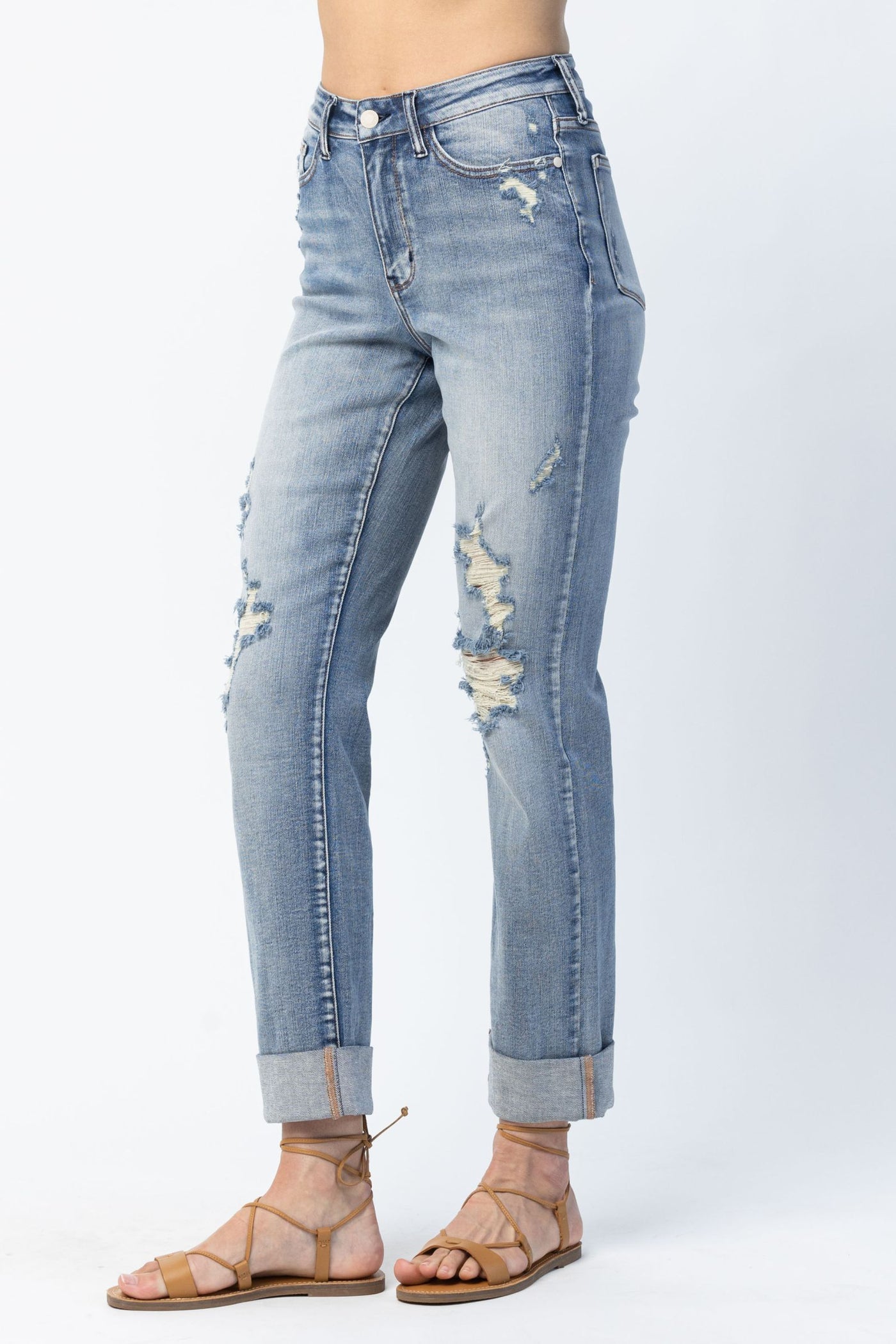 Judy Blue High Waist Double Cuff Fray Hem Boyfriend