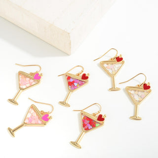Heart Glitter Martini Glass Drop Earrings