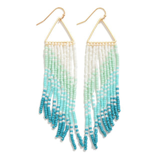 Gold Tone Triangle Drop Earrings Featuring Seed Beaded Tassel Details