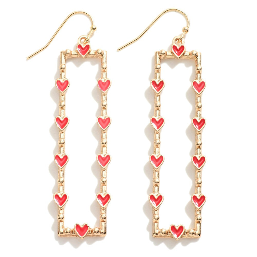 Metal Bar Drop Earrings Featuring Enamel Heart Stud Accents