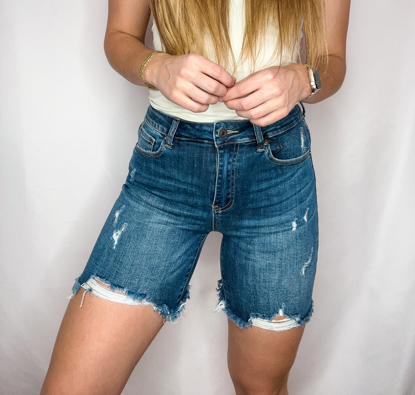 High Waisted Distressed Long Shorts