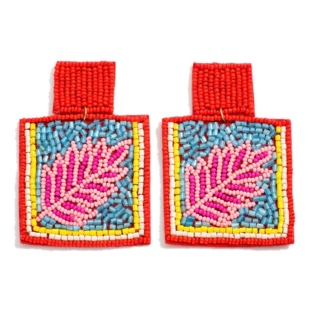 Red Statement Square Seed Beaded Earring With Palm Leaf Design