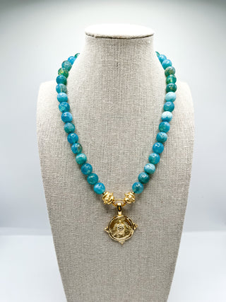 Gold Turtle on Aqua Fire Agate Necklace