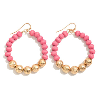Circular Wood Beaded Drop Earrings Featuring Gold Disco Beads
