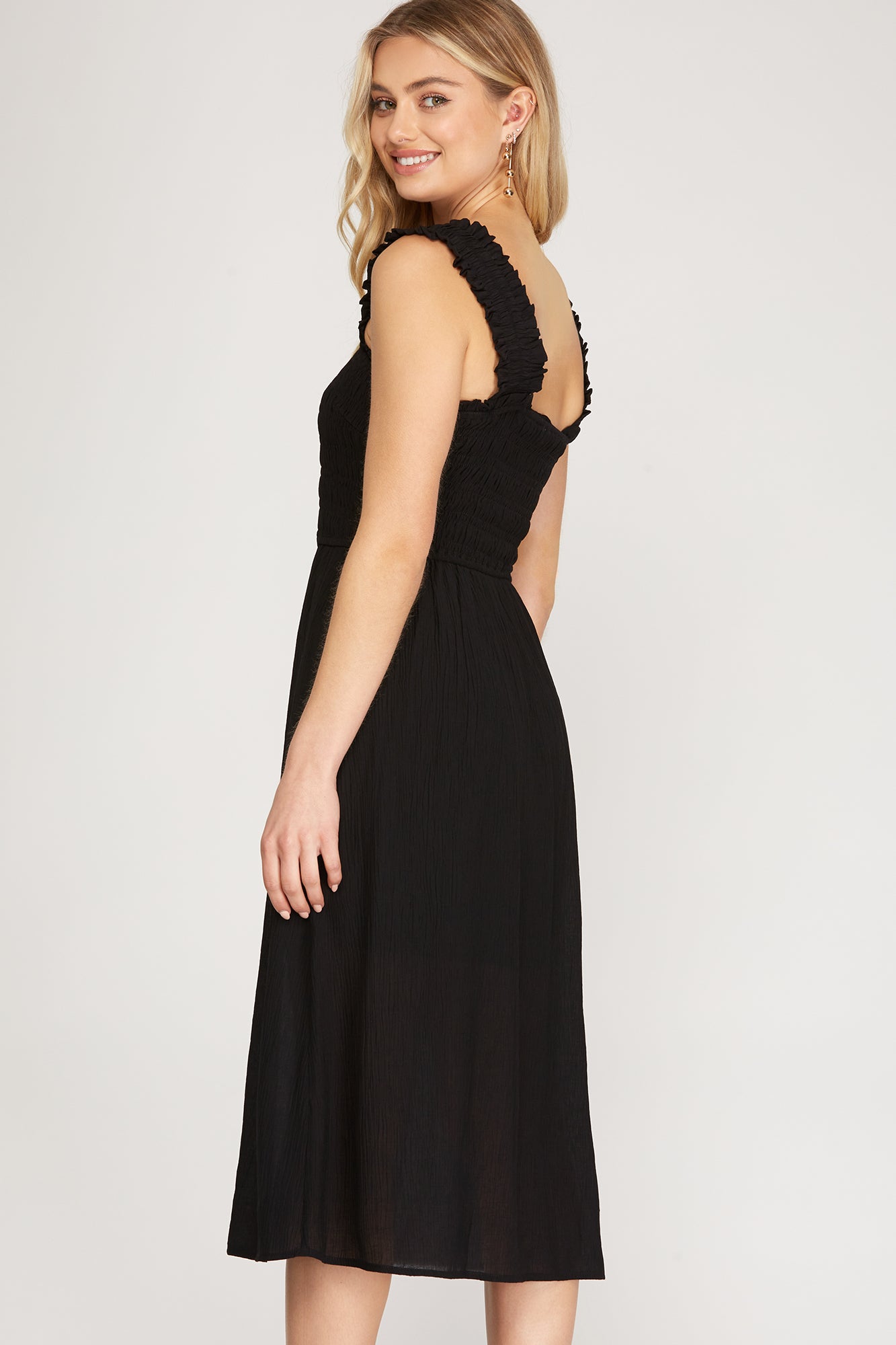 RUCHED SHOULDER STRAP WOVEN SMOCKED MIDI DRESS