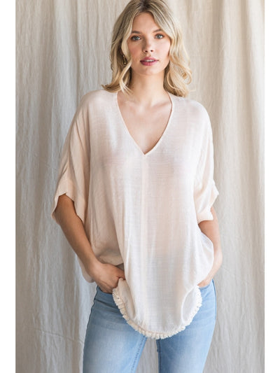 Linen V Neck Top with Fringe Hem