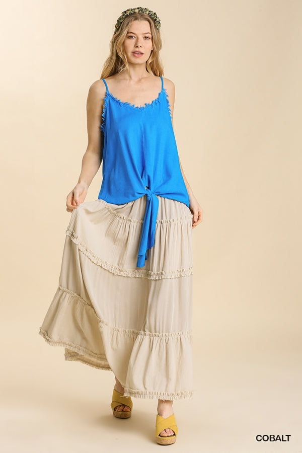Umgee Linen Blend Adjustable Spaghetti Strap Frayed Detail Top