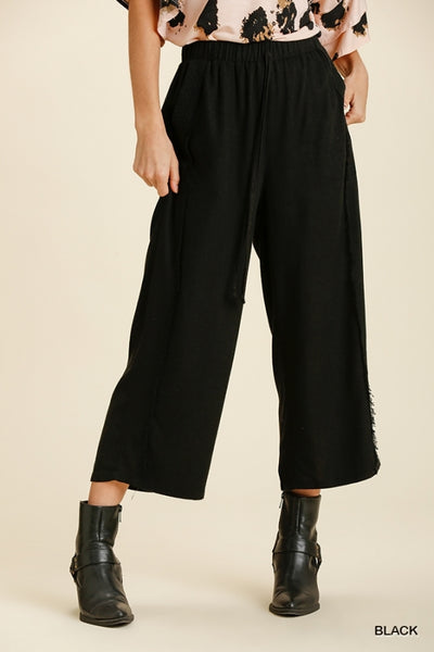 Umgee Oatmeal Linen Blend Frayed Elastic Waistband & Drawstring Wide Leg Pants