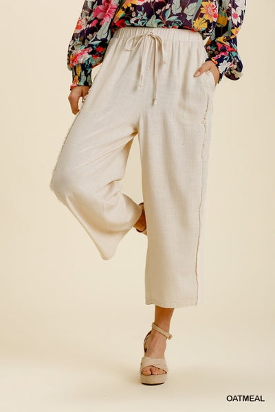 Umgee Oatmeal Linen Blend Frayed Elastic Waistband & Drawstring Wide Leg Pants