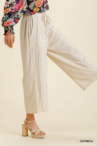 Umgee Oatmeal Linen Blend Frayed Elastic Waistband & Drawstring Wide Leg Pants