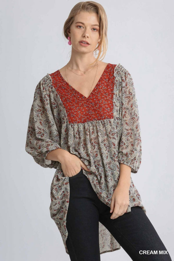 Sheer Mixed Print Detail Top