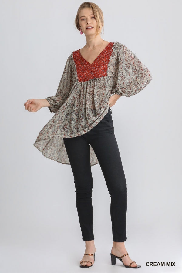 Sheer Mixed Print Detail Top