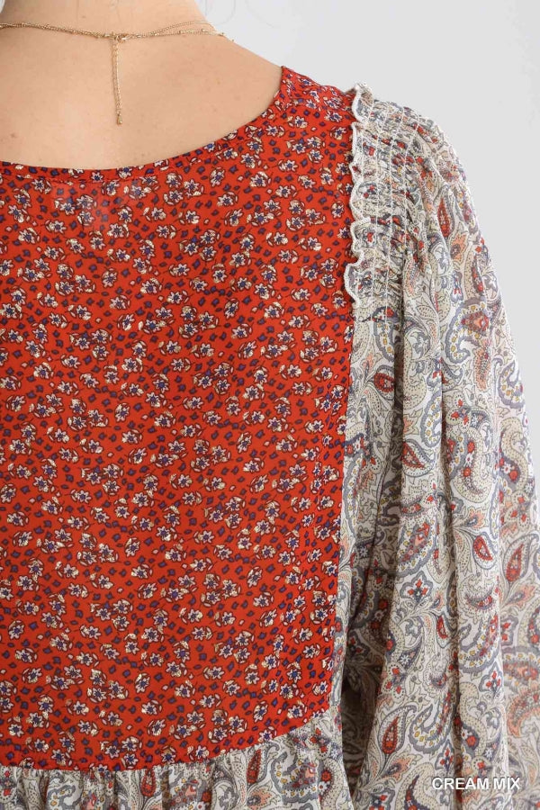 Sheer Mixed Print Detail Top
