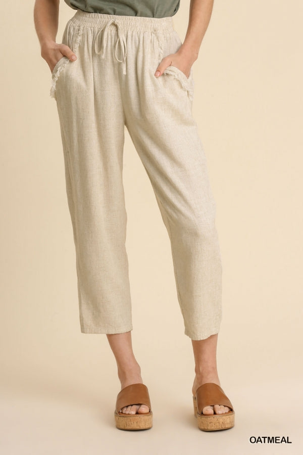 Umgee Linen Blend Frayed Edged Detail Elastic Waistband and Drawstring Pants with Pockets