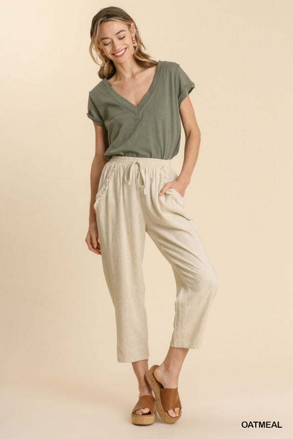 Umgee Linen Blend Frayed Edged Detail Elastic Waistband and Drawstring Pants with Pockets
