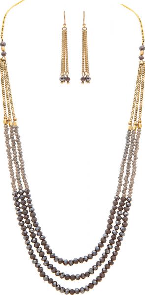 Gold Grey Bead Three Layer Necklace Set