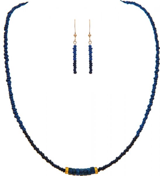 Gold Navy Blue Bead Row Necklace Set