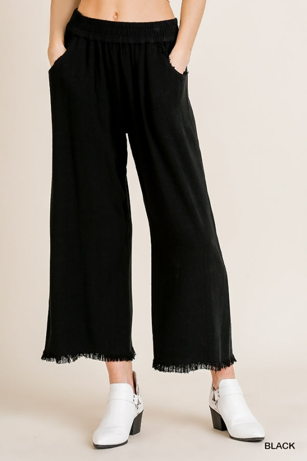 Umgee Wide Leg Pant with Elastic Waist, Pockets, and Frayed Hem